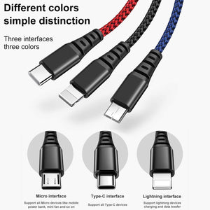 AICase Multi Charger Cable(4ft) Nylon Braided Universal 3 in 1 Multiple USB Charging Cord Adapter 2.4A Current with 8Pin Plug/USB Type C/Micro USB Connector Ports for Cell Phones Tablets and More