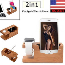 Load image into Gallery viewer, iPhone & Apple Watch 38/42mm Dock Bamboo Wood Stand Charge Station Cradle Holder