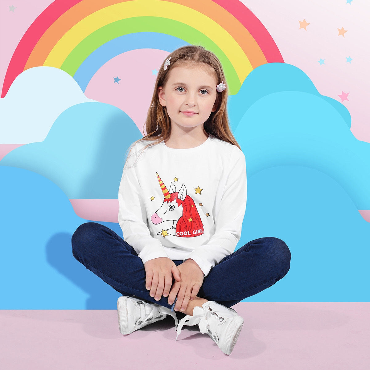 Kids Girls Cotton Unicorn Long Sleeves T-shirt Tops Tee Clothes Children Blouses