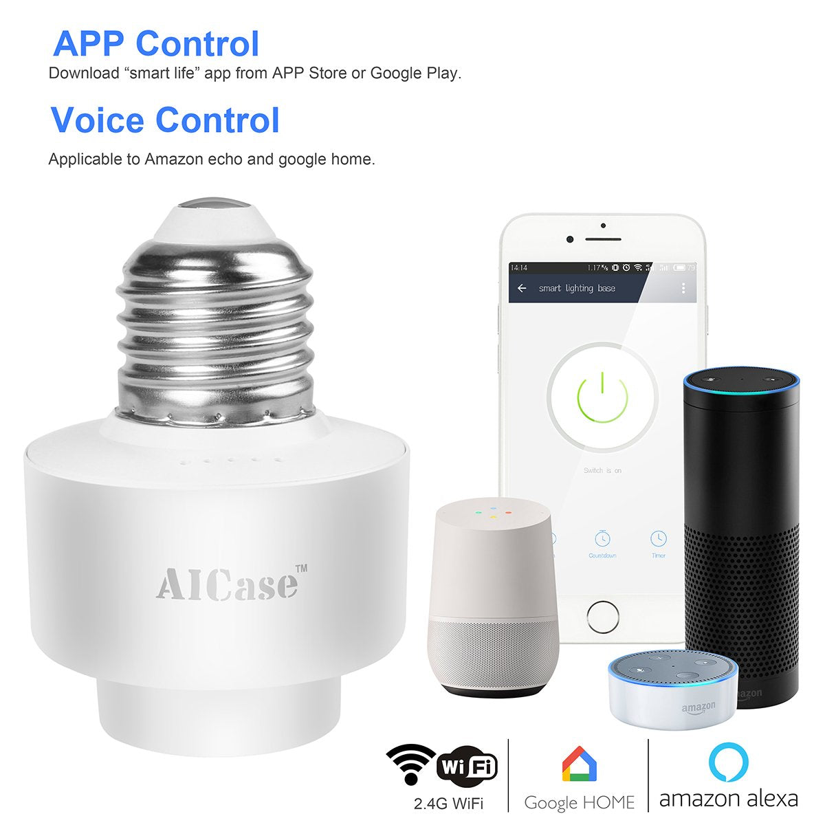 Smart Wifi E27 Light Socket, AICase Intelligent Wlan Home Remote