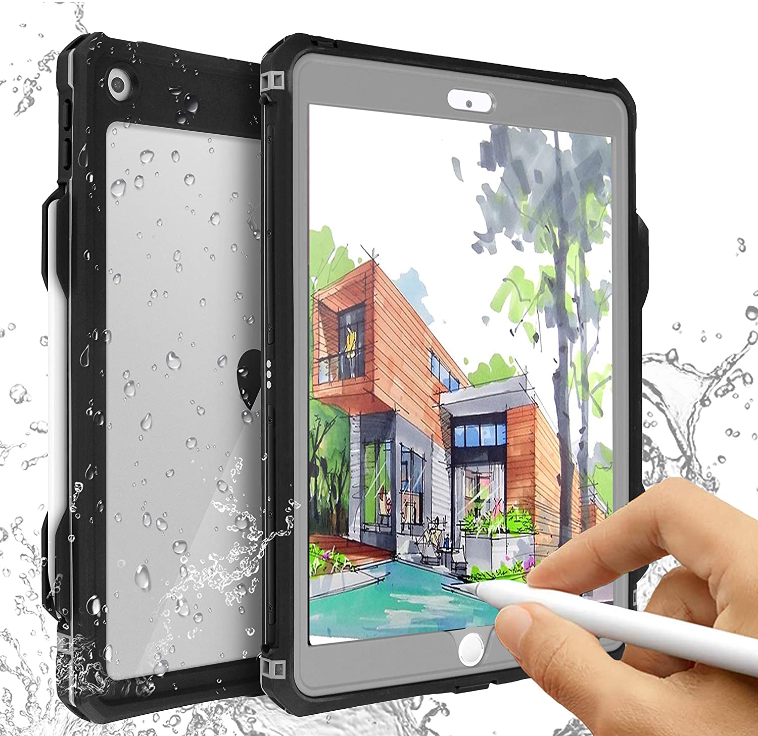 iPad 10.2 IP68 Waterproof Case Cover with Strap Stand Pencil Holder Built-in Screen Protector