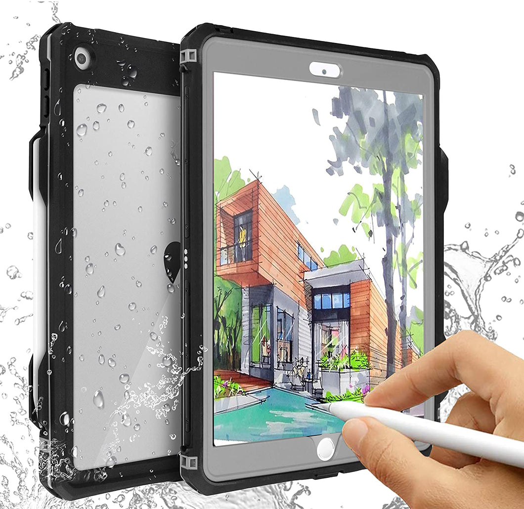 iPad 10.2 IP68 Waterproof Case Cover with Strap Stand Pencil Holder Built-in Screen Protector