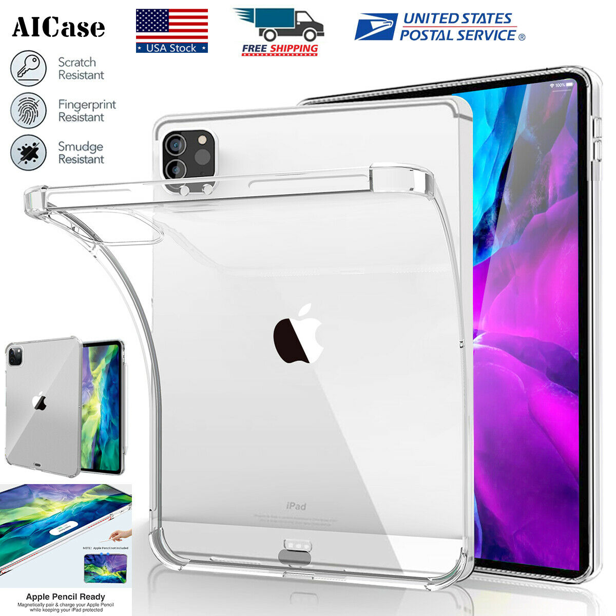 iPad Pro 11 or 12.9 Slim Case Shockproof Clear TPU Protective Cove Caser
