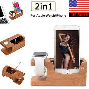 iPhone & Apple Watch 38/42mm Dock Bamboo Wood Stand Charge Station Cradle Holder