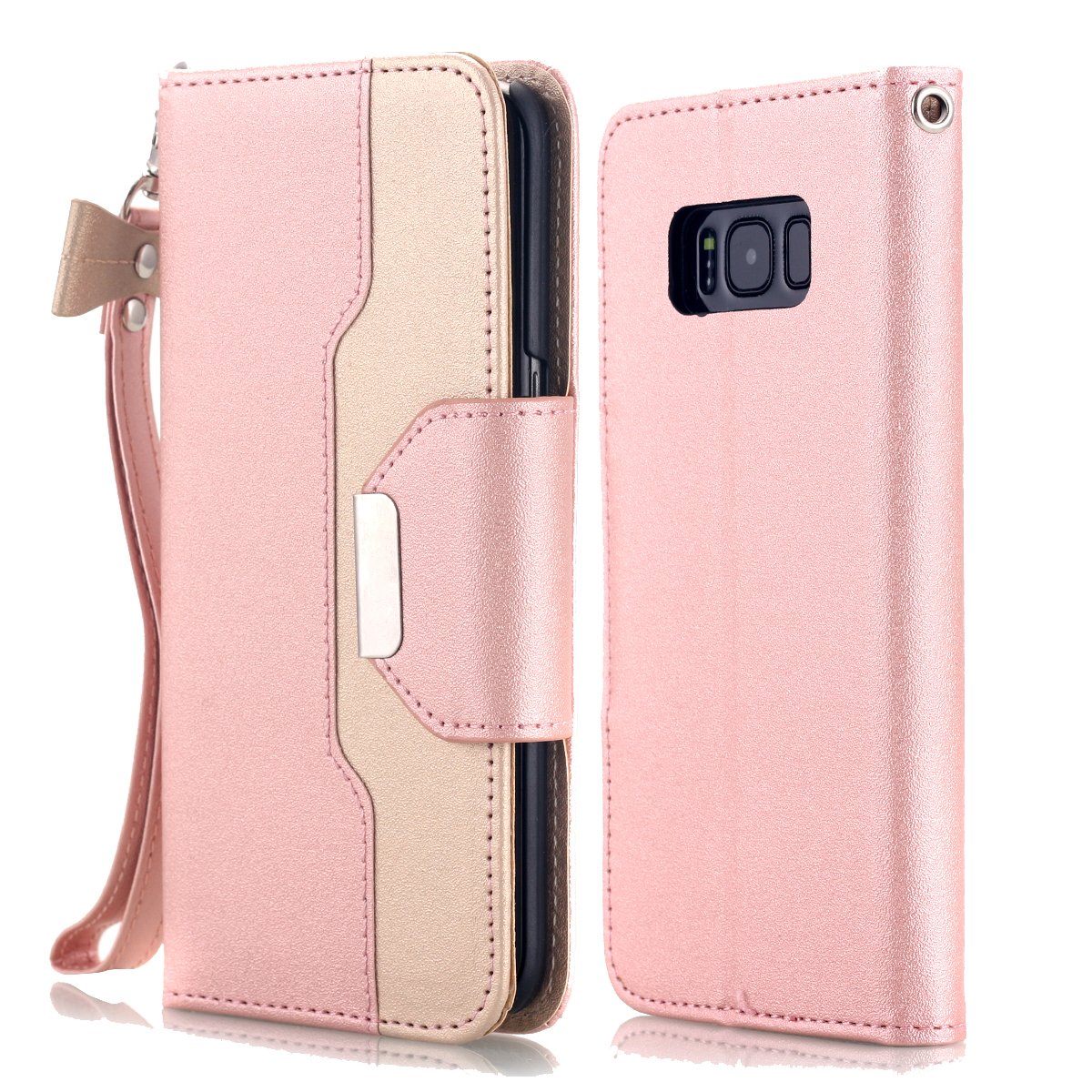 AICase Wallet PU Leather Flip Kickstand Case with Card Slots Make Up Mirror Detachable Wrist Strap Folding Stand Protective Cover