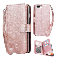 Load image into Gallery viewer, Glitter Sparkly Bling Cute Shiny PU Leather Flip Folio Wallet Cover with 9 Card Slots Wristlet