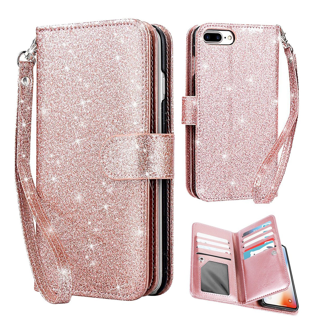 Glitter Sparkly Bling Cute Shiny PU Leather Flip Folio Wallet Cover with 9 Card Slots Wristlet