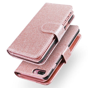 Glitter Sparkly Bling Cute Shiny PU Leather Flip Folio Wallet Cover with 9 Card Slots Wristlet