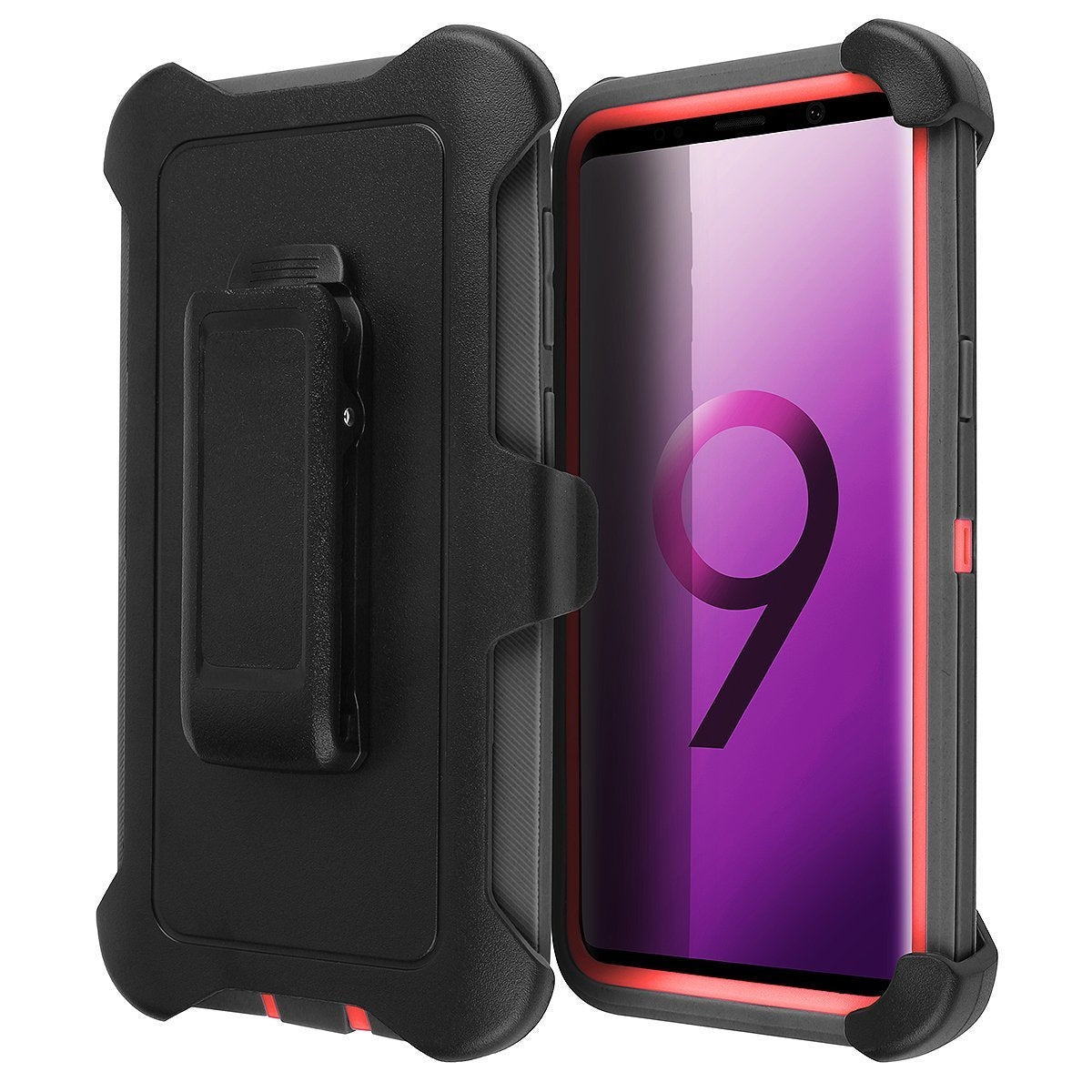 Galaxy S9 Belt Clip Shockproof Case, AICase 3 in 1 Armor [Full body] Heavy Duty Holster Case Belt Clip +Protective Kickstand Shock Reduction Case for Samsung Galaxy S9 (Black+Red))