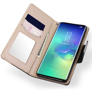 Galaxy S10/S10+ Wallet Full Body Protection Case PU Leather with Makeup Mirror and Bow-Knot Strap Protective Stand Case