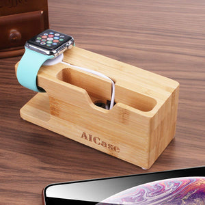 Bamboo Wood Charging Dock Charge Station Stock Cradle Holder for Apple Watch & iPhone