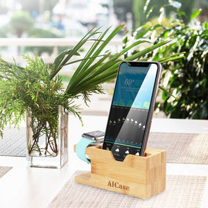 Bamboo Wood Charging Dock Charge Station Stock Cradle Holder for Apple Watch & iPhone