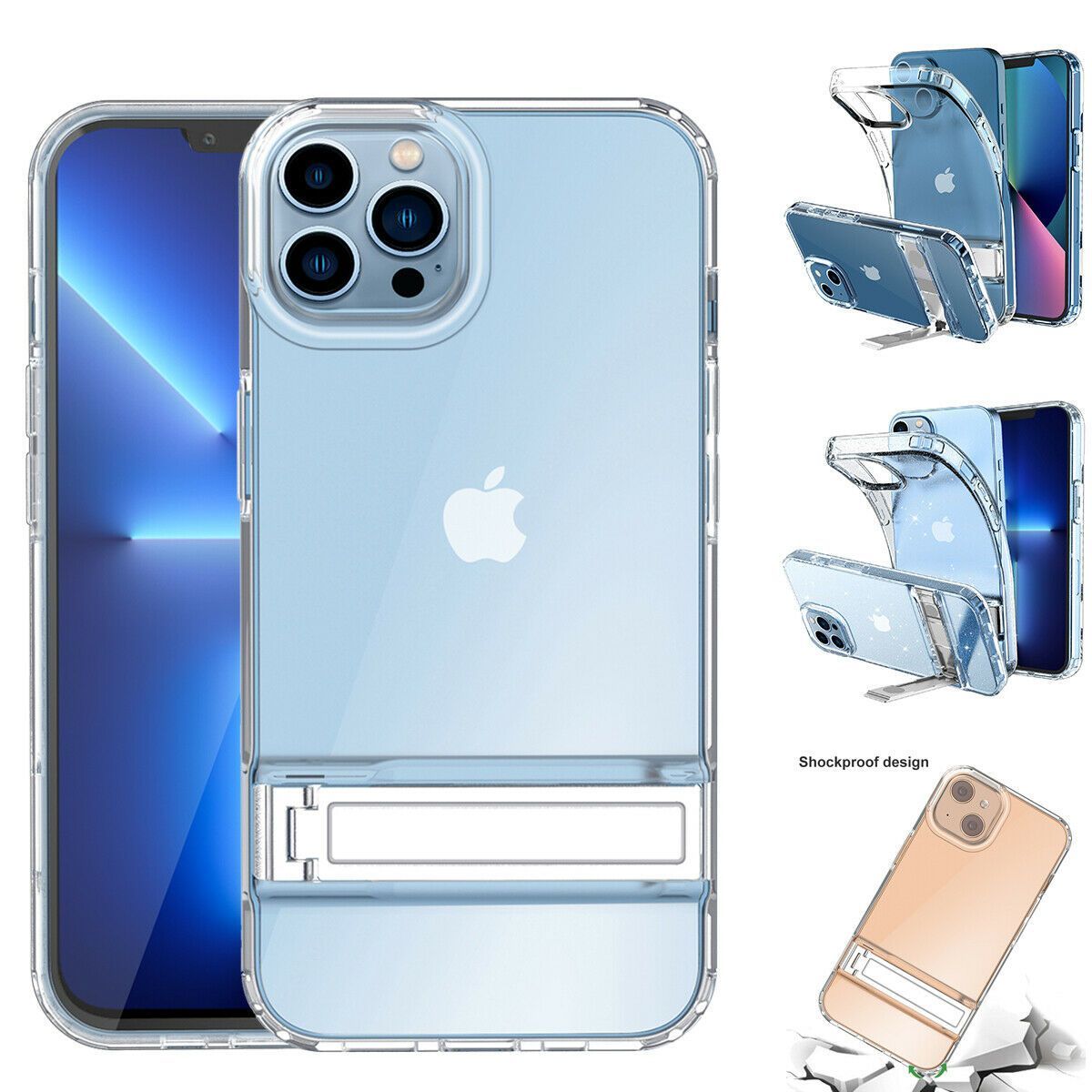 iPhone 13 Pro Max Case Clear Glitter Shockproof Metal Stand Heavy Duty Cover