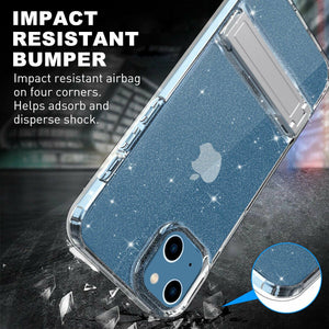 iPhone 13 Pro Case Clear Glitter Shockproof Metal Stand Heavy Duty Cover