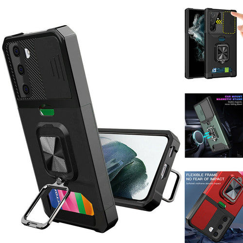 Samsung Galaxy S21 Shockproof Wallet Stand Slide Camera Cover Case with Car Mount
