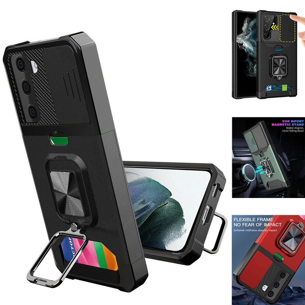 Samsung Galaxy S22 Shockproof Wallet Stand Slide Camera Cover Case with Car Mount