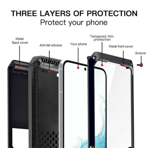 Samsung Galaxy S22 or S22 Plus METAL Shockproof Aluminum HEAVY DUTY Hard Case with Glass Screen Protector