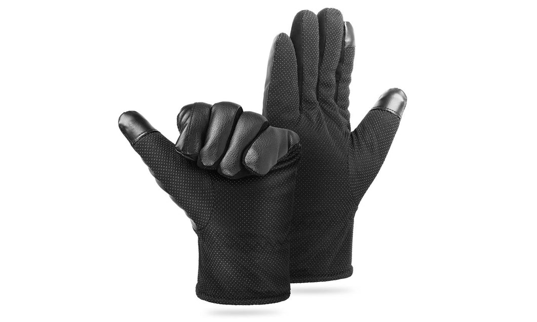 2-Tip PU Leather Waterproof Winter Touch Screen Gloves Black