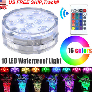 10 LED RGB Waterproof Submersible Lights Wedding Party Vase Lamp + Remote