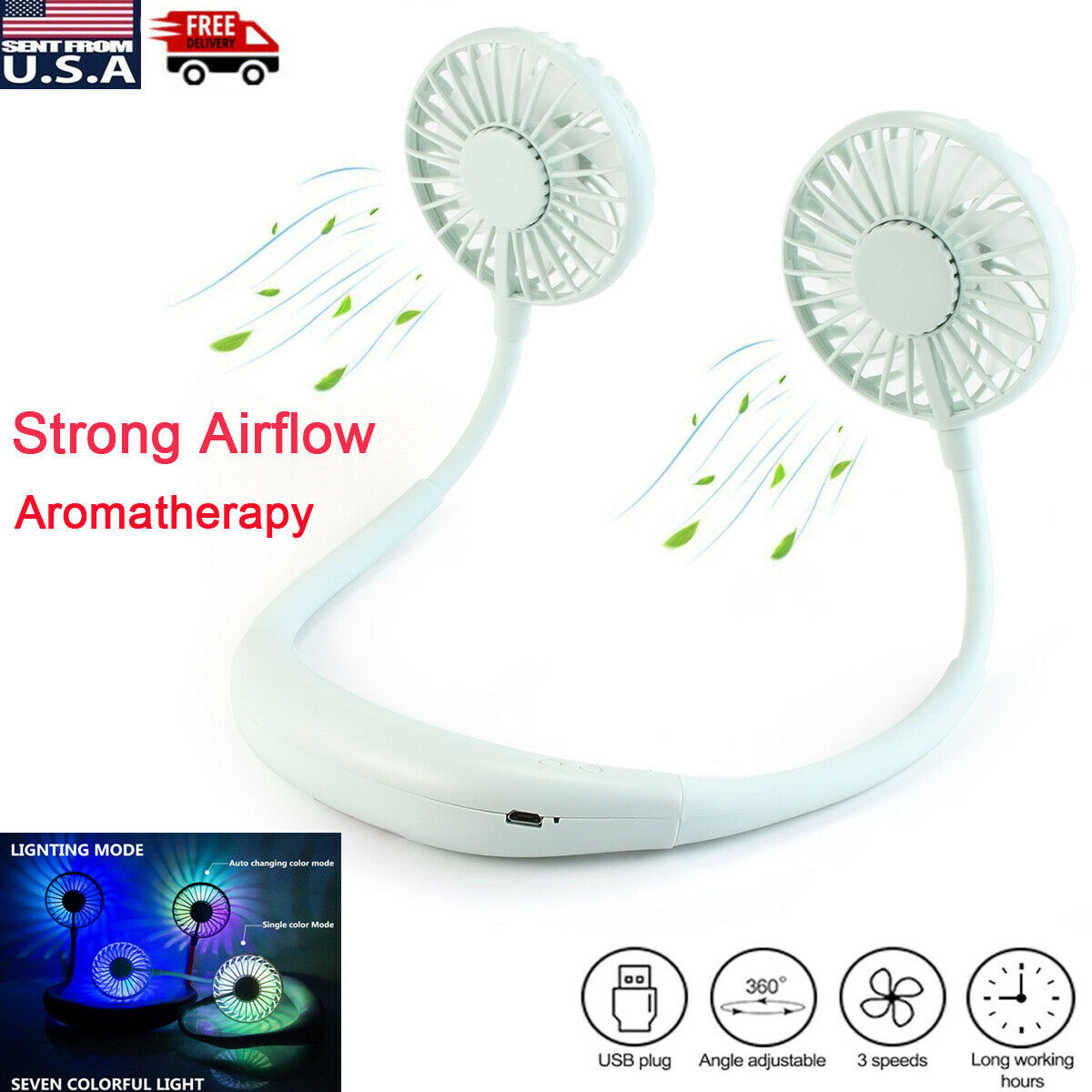 Mini Portable Neckband Neck Hanging Cooling Fan LED lights Rechargeable Battery