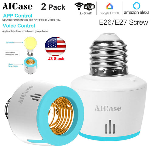 2xWiFi Smart Light Bulb E26/E27 Lamp Socket Adapter Works with Alexa Google Home