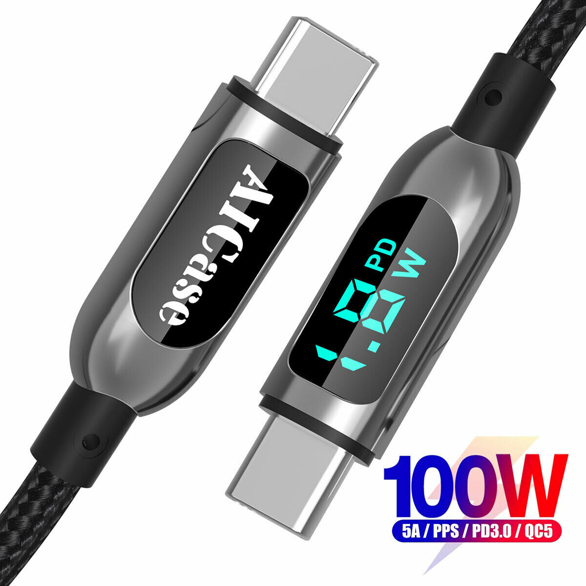 PD 100W 5A USB C to USB C Cable Fast Charging Cord LED Display Type-C Charger 4FT