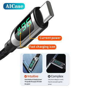 PD 100W 5A USB C to USB C Cable Fast Charging Cord LED Display Type-C Charger 4FT