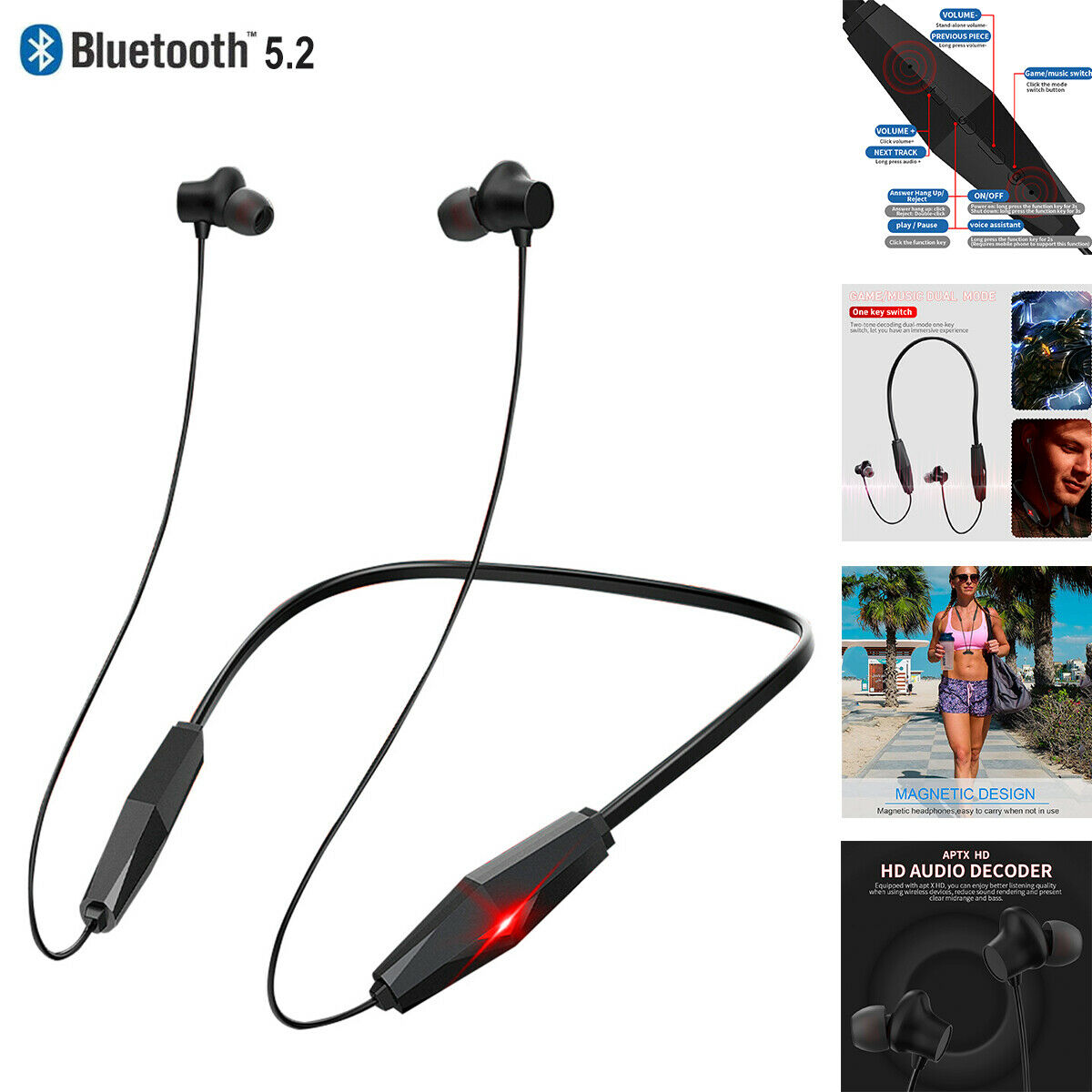 Bluetooth 5.2 Earbuds Wireless Headphone Neckband Headset w/ Mic 15 Hours Playtime