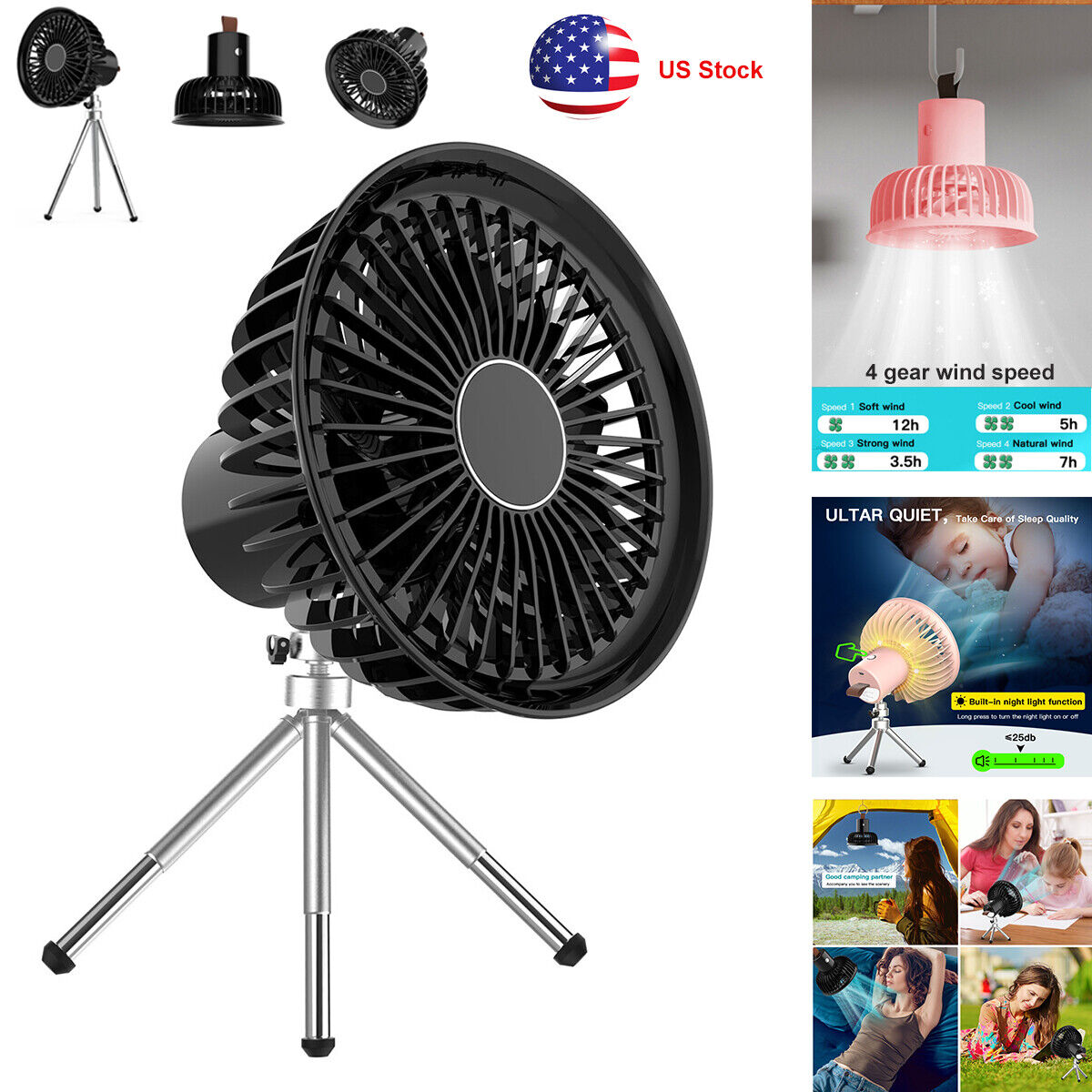 Portable Rechargeable LED Fan Travel Camping Air Cooling 4 Gear Wind with Tripod